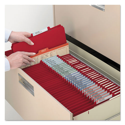 Image of Smead™ Top Tab Classification Folders, Six Safeshield Fasteners, 2" Expansion, 2 Dividers, Letter Size, Red Exterior, 10/Box