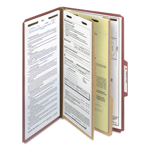 Recycled Pressboard Classification Folders, 2" Expansion, 2 Dividers, 6 Fasteners, Legal Size, Red Exterior, 10/Box