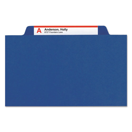 Image of Smead™ 6-Section Pressboard Top Tab Pocket Classification Folders, 6 Safeshield Fasteners, 2 Dividers, Legal Size, Dark Blue, 10/Box