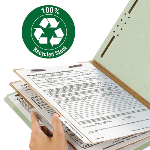 Recycled Pressboard Classification Folders, 2" Expansion, 2 Dividers, 6 Fasteners, Legal Size, Gray-Green, 10/Box