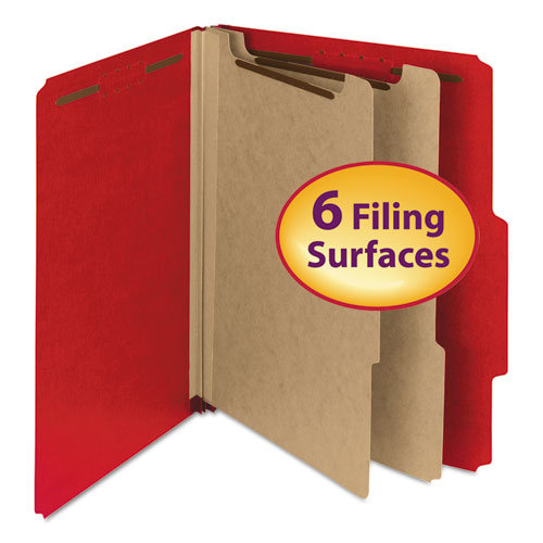 Image of Smead™ Recycled Pressboard Classification Folders, 2" Expansion, 2 Dividers, 6 Fasteners, Letter Size, Bright Red, 10/Box