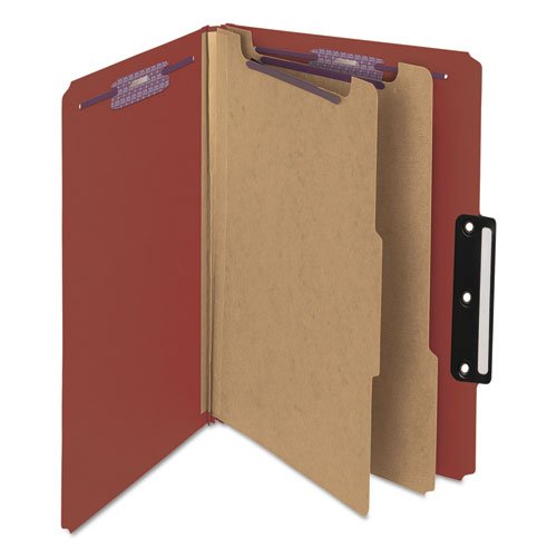 Pressboard Classification Folders with SafeSHIELD Coated Fasteners, 1/3-Cut, 2 Dividers, Legal Size, Red, 10/Box