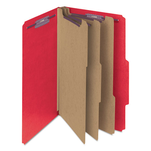 Eight-Section Pressboard Top Tab Classification Folders, 8 SafeSHIELD Fasteners, 3 Dividers, Legal Size, Bright Red, 10/Box