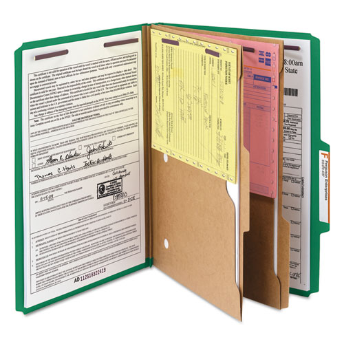 6-Section Pressboard Top Tab Pocket-Style Classification Folders with SafeSHIELD Fasteners, 2 Dividers, Legal, Green, 10/BX
