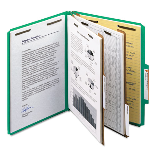 Image of Smead™ Recycled Pressboard Classification Folders, 2" Expansion, 2 Dividers, 6 Fasteners, Letter Size, Green Exterior, 10/Box