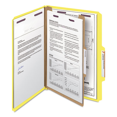 Four-Section Pressboard Top Tab Classification Folders, Four SafeSHIELD Fasteners, 1 Divider, Legal Size, Yellow, 10/Box