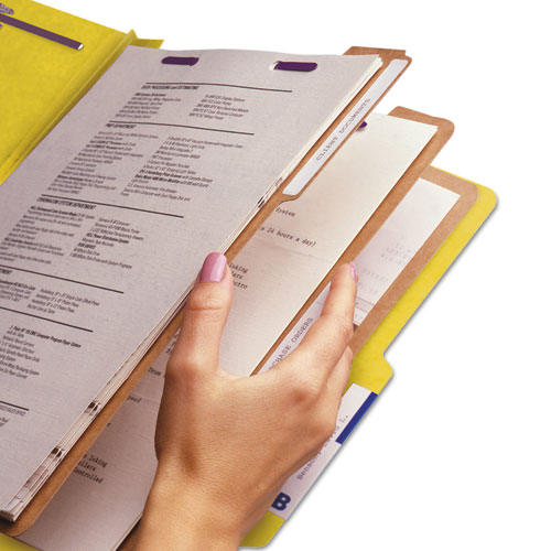Eight-Section Pressboard Top Tab Classification Folders with SafeSHIELD Fasteners, 3 Dividers, Legal Size, Yellow, 10/Box