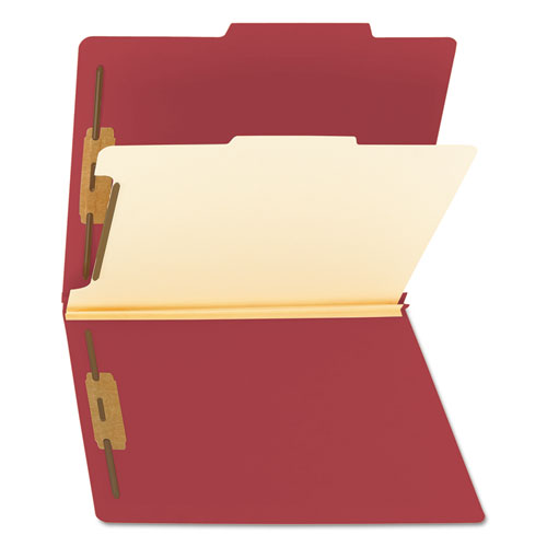 Top Tab Classification Folders, Four SafeSHIELD Fasteners, 2" Expansion, 1 Divider, Letter Size, Red Exterior, 10/Box
