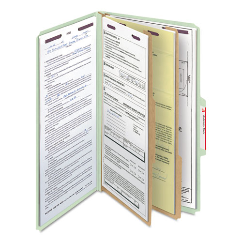 Pressboard Classification Folders, Six SafeSHIELD Fasteners, 2/5-Cut Tabs, 2 Dividers, Legal Size, Gray-Green, 10/Box
