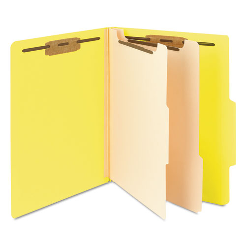 Image of Smead™ Top Tab Classification Folders, Six Safeshield Fasteners, 2" Expansion, 2 Dividers, Letter Size, Yellow Exterior, 10/Box