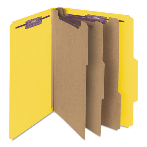 Image of Smead™ Eight-Section Pressboard Top Tab Classification Folders, Eight Safeshield Fasteners, 3 Dividers, Letter Size, Yellow, 10/Box