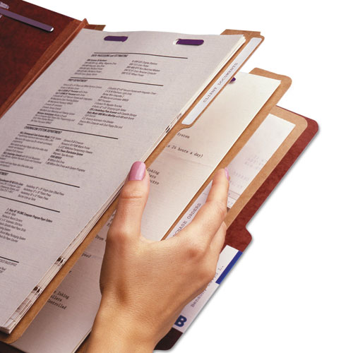 Pressboard Classification Folders, Eight SafeSHIELD Fasteners, 2/5-Cut Tabs, 3 Dividers, Legal Size, Red, 10/Box