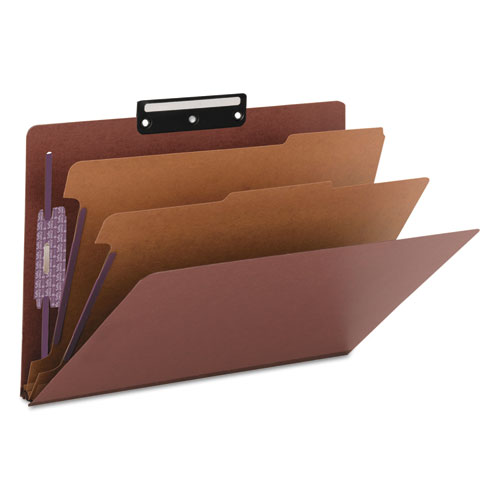 Image of Smead™ Pressboard Classification Folders, Six Safeshield Fasteners, 1/3-Cut Tabs, 2 Dividers, Legal Size, Red, 10/Box