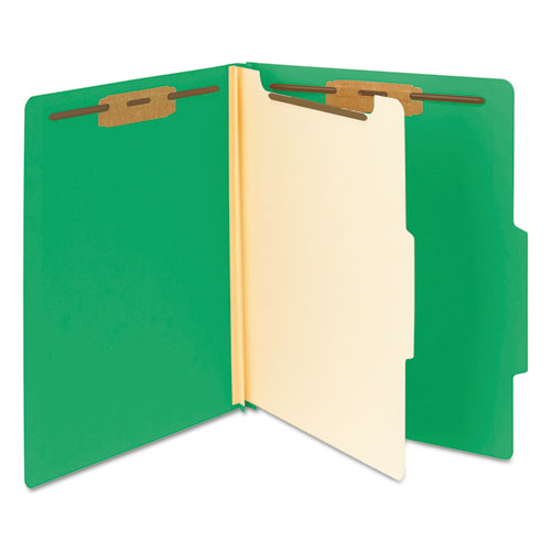 Image of Smead™ Top Tab Classification Folders, Four Safeshield Fasteners, 2" Expansion, 1 Divider, Letter Size, Green Exterior, 10/Box