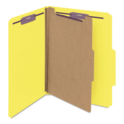 Image of Smead™ Four-Section Pressboard Top Tab Classification Folders, Four Safeshield Fasteners, 1 Divider, Letter Size, Yellow, 10/Box