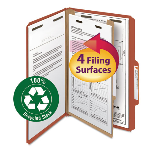 100% RECYCLED PRESSBOARD CLASSIFICATION FOLDERS, 1 DIVIDER, LEGAL SIZE, RED, 10/BOX