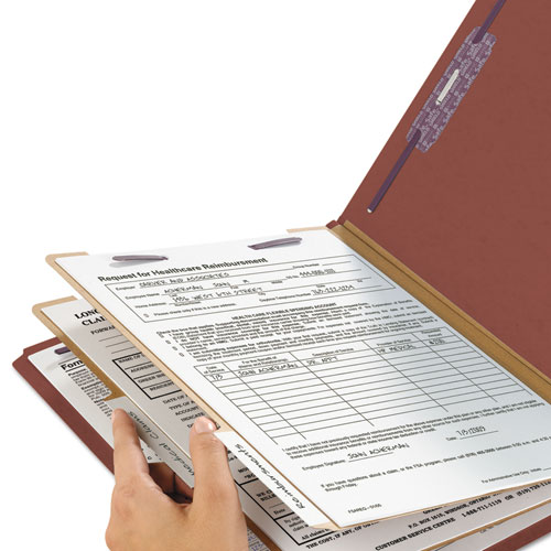 Image of Smead™ Pressboard Classification Folders, Six Safeshield Fasteners, 1/3-Cut Tabs, 2 Dividers, Legal Size, Red, 10/Box