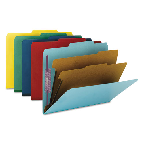 Six-Section Pressboard Top Tab Classification Folders with SafeSHIELD Fasteners, 2 Dividers, Letter Size, Assorted, 10/Box