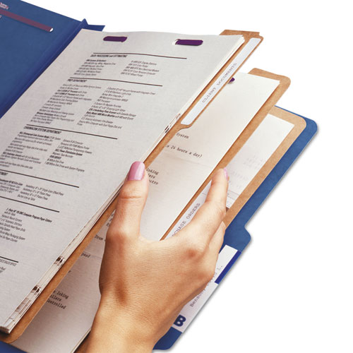 Eight-Section Pressboard Top Tab Classification Folders, 8 SafeSHIELD Fasteners, 3 Dividers, Legal Size, Dark Blue, 10/Box