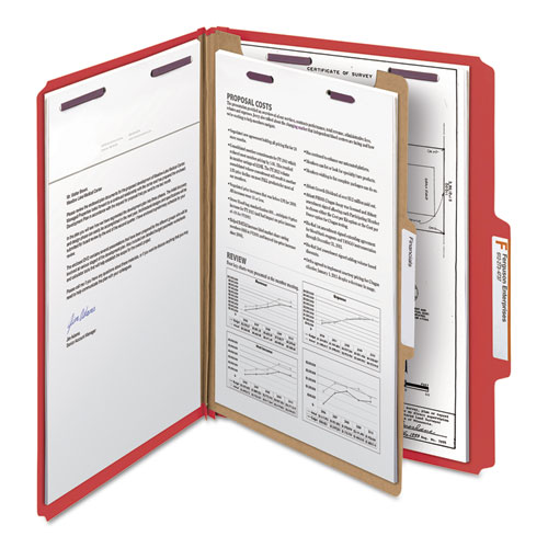 Image of Smead™ Four-Section Pressboard Top Tab Classification Folders, Four Safeshield Fasteners, 1 Divider, Letter Size, Bright Red, 10/Box