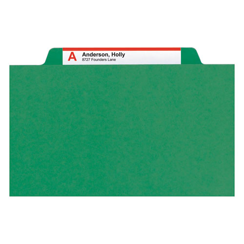 6-Section Pressboard Top Tab Pocket Classification Folders, 6 SafeSHIELD Fasteners, 2 Dividers, Legal Size, Green, 10/Box