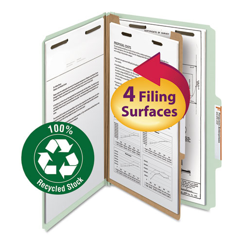 100% RECYCLED PRESSBOARD CLASSIFICATION FOLDERS, 1 DIVIDER, LEGAL SIZE, GRAY-GREEN, 10/BOX