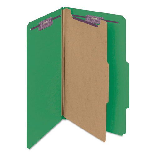 Four-Section Pressboard Top Tab Classification Folders, Four SafeSHIELD Fasteners, 1 Divider, Legal Size, Green, 10/Box