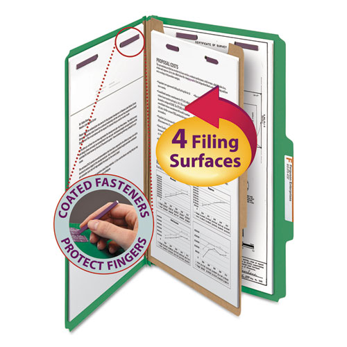 Four-Section Pressboard Top Tab Classification Folders with SafeSHIELD Fasteners, 1 Divider, Legal Size, Green, 10/Box | by Plexsupply