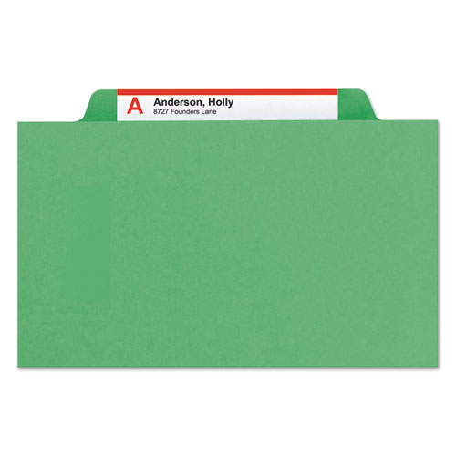 Image of Smead™ Top Tab Classification Folders, Six Safeshield Fasteners, 2" Expansion, 2 Dividers, Letter Size, Green Exterior, 10/Box