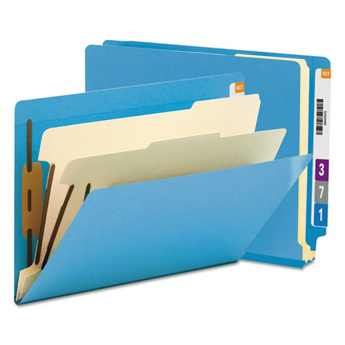 COLORED END TAB CLASSIFICATION FOLDERS W/ DIVIDERS, 2 DIVIDERS, LETTER SIZE, BLUE, 10/BOX