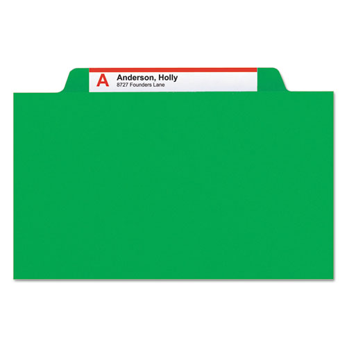 Image of Smead™ Top Tab Classification Folders, Four Safeshield Fasteners, 2" Expansion, 1 Divider, Letter Size, Green Exterior, 10/Box