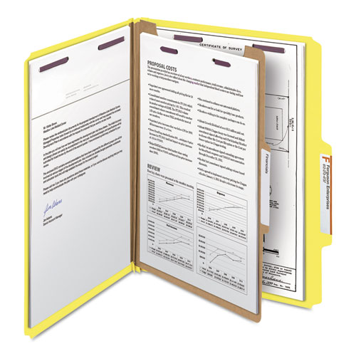Four-Section Pressboard Top Tab Classification Folders, Four SafeSHIELD Fasteners, 1 Divider, Letter Size, Yellow, 10/Box