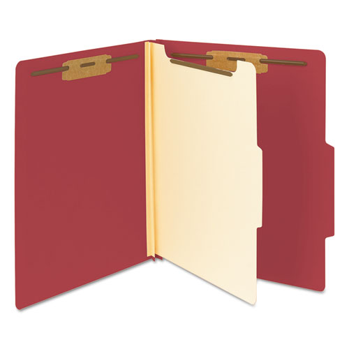 Top Tab Classification Folders, Four SafeSHIELD Fasteners, 2" Expansion, 1 Divider, Letter Size, Red Exterior, 10/Box
