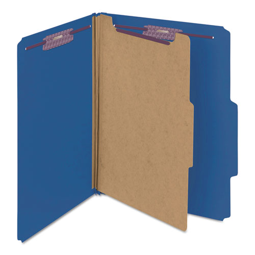 Image of Smead™ Four-Section Pressboard Top Tab Classification Folders, Four Safeshield Fasteners, 1 Divider, Letter Size, Dark Blue, 10/Box