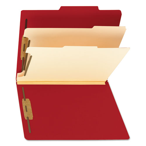 Top Tab Classification Folders, Six SafeSHIELD Fasteners, 2" Expansion, 2 Dividers, Letter Size, Red Exterior, 10/Box