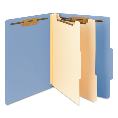 Image of Smead™ Top Tab Classification Folders, Six Safeshield Fasteners, 2" Expansion, 2 Dividers, Letter Size, Blue Exterior, 10/Box
