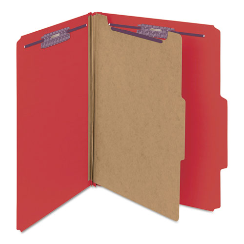 Image of Smead™ Four-Section Pressboard Top Tab Classification Folders, Four Safeshield Fasteners, 1 Divider, Letter Size, Bright Red, 10/Box