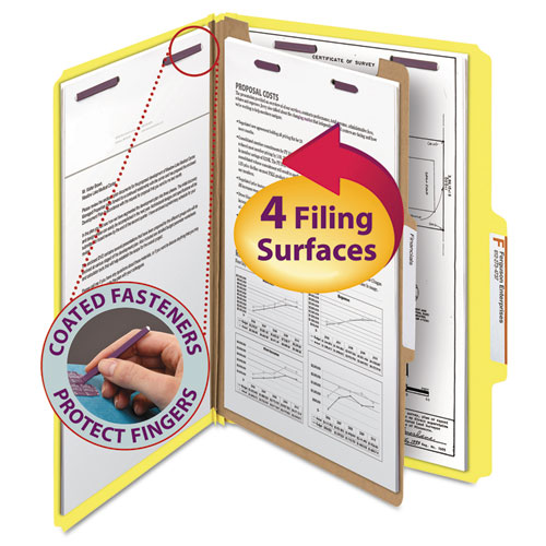 FOUR-SECTION PRESSBOARD TOP TAB CLASSIFICATION FOLDERS WITH SAFESHIELD FASTENERS, 1 DIVIDER, LEGAL SIZE, YELLOW, 10/BOX