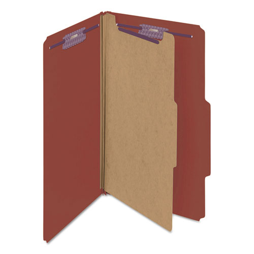 Image of Smead™ Pressboard Classification Folders, Four Safeshield Fasteners, 2/5-Cut Tabs, 1 Divider, Legal Size, Red, 10/Box