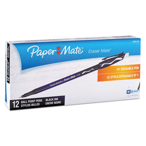 Image of Paper Mate® Eraser Mate Ballpoint Pen, Stick, Medium 1 Mm, Black Ink, Black Barrel, Dozen