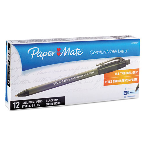 Image of Paper Mate® Comfortmate Ultra Ballpoint Pen, Retractable, Medium 1 Mm, Black Ink, Black Barrel, Dozen