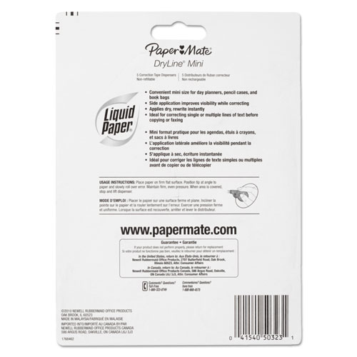 Image of Paper Mate® Liquid Paper® Dryline Mini Correction Tape, 0.2" X 197", Non-Refillable, Assorted Color Applicators, 5/Pack