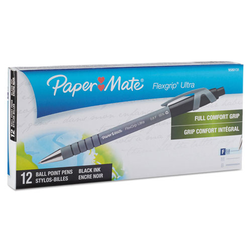 Image of Paper Mate® Flexgrip Ultra Ballpoint Pen, Retractable, Fine 0.8 Mm, Black Ink, Gray/Black Barrel, Dozen