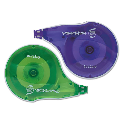 Image of Paper Mate® Liquid Paper® Dryline Correction Tape, Non-Refillable, Green/Purple Applicators, 0.17" X 472", 10/Pack