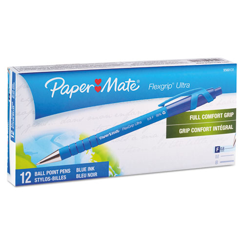 FlexGrip Ultra Recycled Ballpoint Pen, Retractable, Fine 0.8 mm, Blue Ink, Black/Blue Barrel, Dozen