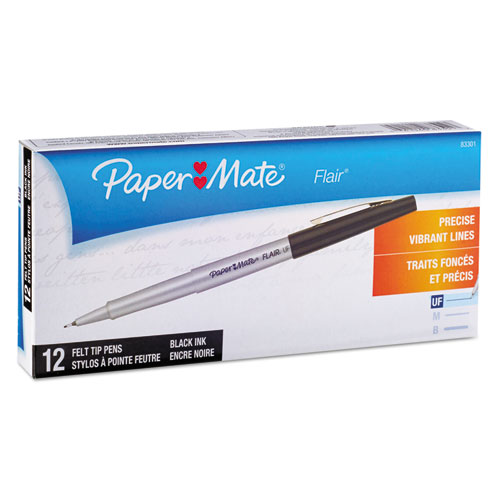 Flair Felt Tip Porous Point Pen, Stick, Extra-Fine 0.4 mm, Black Ink, Gray/Black Barrel, Dozen