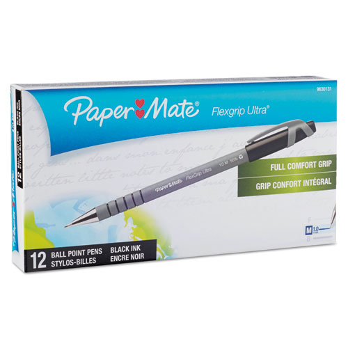 Image of Paper Mate® Flexgrip Ultra Ballpoint Pen, Stick, Medium 1 Mm, Black Ink, Gray Barrel, Dozen