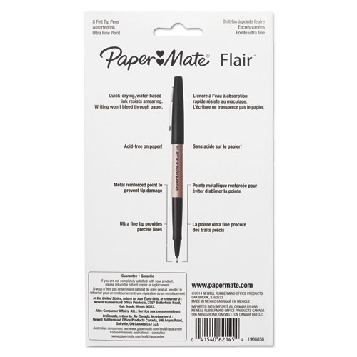 Flair Felt Tip Porous Point Pen, Stick, Extra-Fine 0.4 mm, Assorted Ink and Barrel Colors, 8/Pack