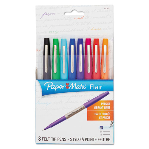 Flair Felt Tip Porous Point Pen, Stick, Extra-Fine 0.4 mm, Assorted Ink and Barrel Colors, 8/Pack