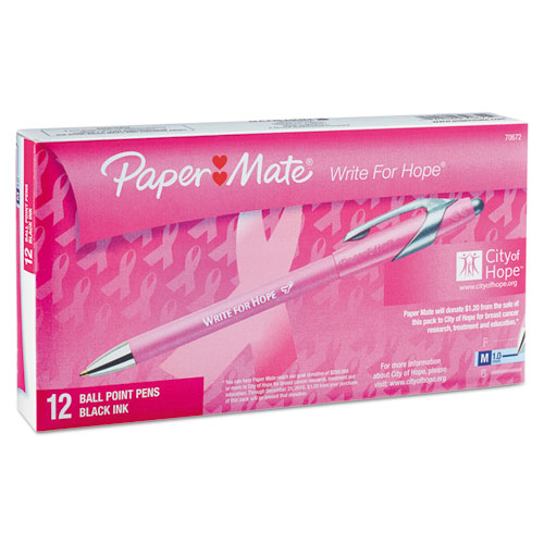 Image of Paper Mate® "Write For Hope" Edition Flexgrip Elite Ballpoint Pen, Retractable, Medium 1 Mm, Black Ink, Pink Barrel, Dozen